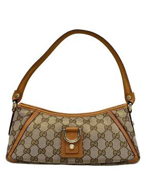 Gucci Handbag GG Pattern Beige Dark Brown Leather